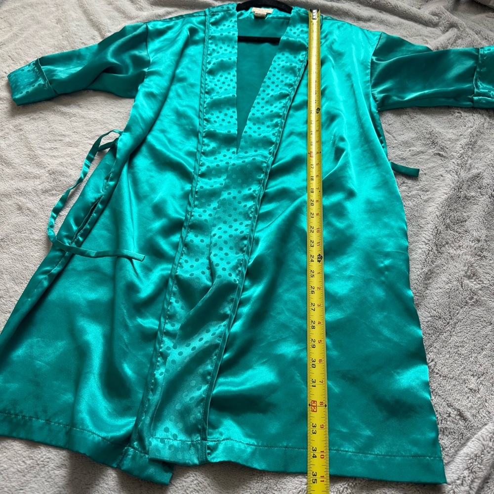 Inner Most Vintage Teal Satin Kimono Robe Polka Dot Trim XS Korea - Picture 9 of 11